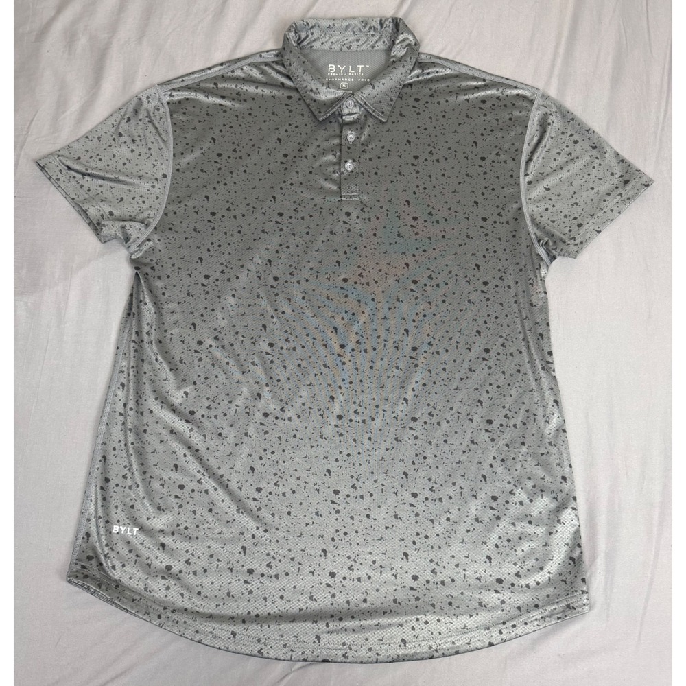BYLT Premium Basics Performance+ Polo Shirt Mens XL Charcoal Grey Black Splatter